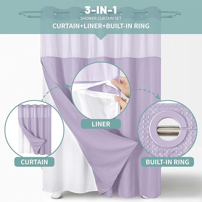 Lavender No Hook Waffle Weave Shower Curtain with snap-in Liner Replacement, 230GSM Waterproof Fabric Hotel Shower Curtain Set for Bathroom, Through Mesh Top Window,71Wx77H