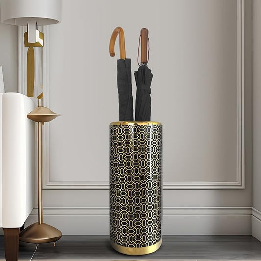 ZOEJADE Minimalist Luxury Ceramic Umbrella Stand Umbrella Holder Vase for Umbrella Canes Walking Sticks Entryway Indoor 18" High Black Gold