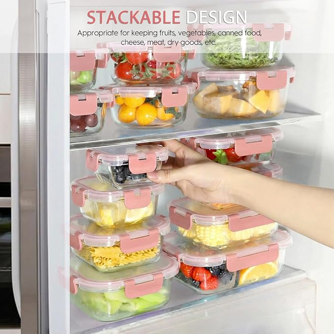 AMALEKO 42pcs Glass Food Storage Containers with Lids Set, 21 Containers & 21 Lids Glass Meal Prep Containers with Snap Locking Lid Set, Leak Proof Lunch Container BPA-Free,Pink