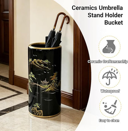 Ceramic Umbrella Stand Umbrella Holder for Entryway Hand-Made Umbrella Stand Barrels Umbrella Holder Cane Floor Standing Vase Ceramic Storage Bucket for Home Office Entrance Indoor.(Black 210)