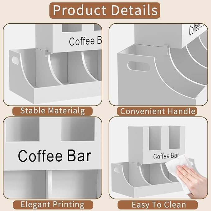 Coffee Station Organizer, Wooden Coffee Bar Organizer for Countertop, Condiment and Cup Storage Organizer, Bar Accessories for Kitchen, Office, Home, White