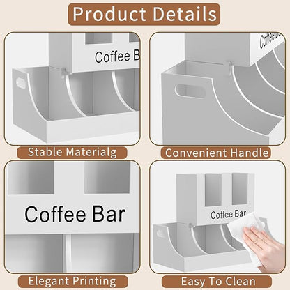 Coffee Station Organizer, Wooden Coffee Bar Organizer for Countertop, Condiment and Cup Storage Organizer, Bar Accessories for Kitchen, Office, Home, White