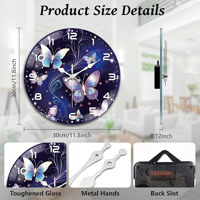 peacoblue Wall Clocks Battery Operated 12 Inch Butterfly Glass Round Wall Clock Non Ticking for Kitchen Living Room Dining Room Bedroom and Bathroom Decor Accessories (Battery not Included)