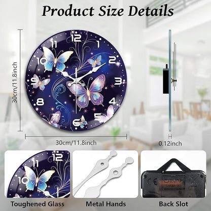 peacoblue Wall Clocks Battery Operated 12 Inch Butterfly Glass Round Wall Clock Non Ticking for Kitchen Living Room Dining Room Bedroom and Bathroom Decor Accessories (Battery not Included)