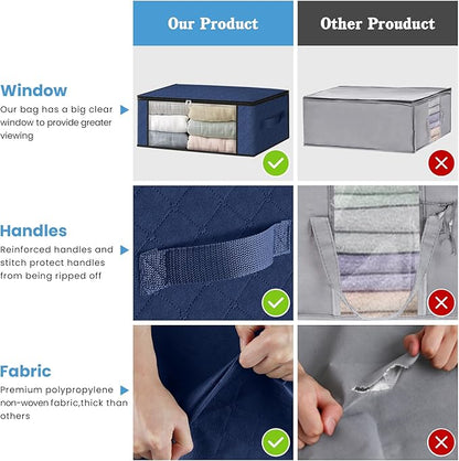 HomeHacks Storage 4-Pack Clothes Organizer Storage Bags Foldable Storage Box with Large Clear Window Sturdy Handles for Closet, Dorm, Pillows, Bedding, Clothes, Blankets, 35L, Blue