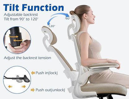 TRALT Ergonomic Office Chair - Desk Chair with Adjustable Headrest Lumbar Support Computer Chair - Mesh Comfy Chair with Flip-up Armrests - Gaming Chairs for Adults Home Office (PU Leather,Khaki)