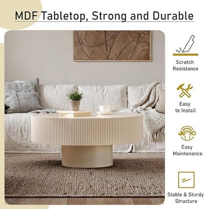Round Fluted Coffee Table Mid Century Modern Coffee Tables with Handcrafted Relief Circle Drum End Table Rustic Industrial Center Tables for Apartment Living Room (White Round Thick)
