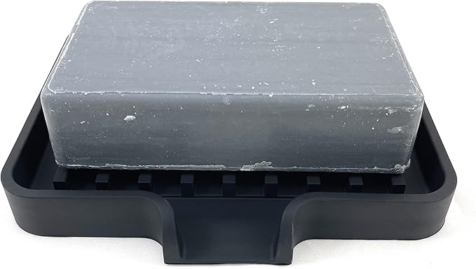 Happitasa Silicone Soap Dish Tray and Sponge Holder with Drain Chute, Pack of 2 | Bathroom and Kitchen Sink Organizer Caddy (Black, 5.2"x4", 7.2 Ounces)