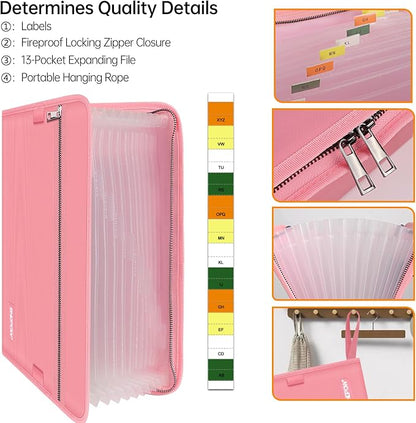 ENGPOW Accordion File Organizer,Fireproof 13 Pockets Expanding File Folder,Document Organizer Folder with Zipper＆Labels,Portable Home Travel Safe Storage for Letter A4 Files and More,Pink