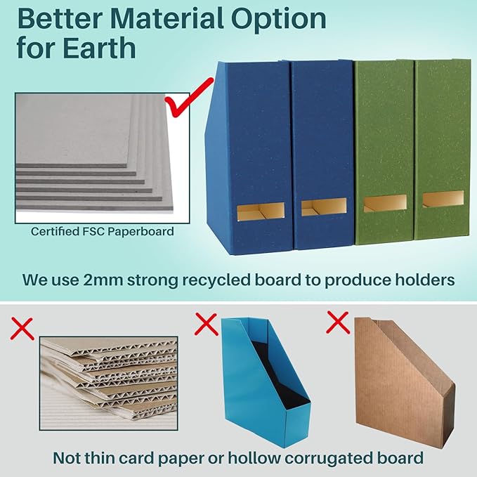 Magazine Holder - File Holder and Desk Organizer, Cardboard Book Organizer and Storage Box for Documents, Magazine Holder Rack for Office, Home and Classroom (Leaf Green, 6-Pack)