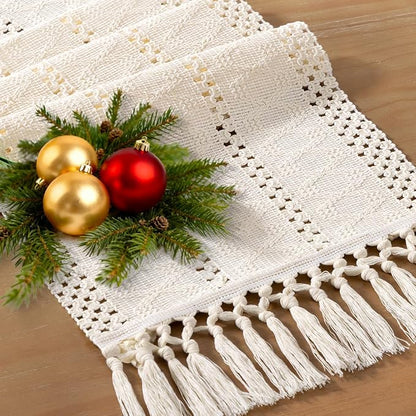 Socomi Boho Table Runner Macrame Valentine's Day Farmhouse Woven Cotton Linen Rustic Coffee Table Runner with Tassels for Dresser Scarf Home Decor Dining Room 12x90 inch Cream Ivory
