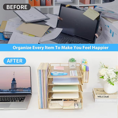 Desk Organizers and Accessories, 5-Tier Paper Letter Tray Organizer with File Holder, Drawer & Pen Holder, Office Desk Accessories, Desktop Organizer for Classroom Office Supplies, Gold