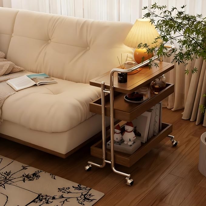 Solid Wood Rolling End Table Cart with Adjustable Storage - 3-Tier Stainless Steel Fame Side Table on Wheels Narrow Bedside Storage Table Small Bar Serving Cart for Living Room