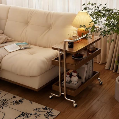 Solid Wood Rolling End Table Cart with Adjustable Storage - 3-Tier Stainless Steel Fame Side Table on Wheels Narrow Bedside Storage Table Small Bar Serving Cart for Living Room