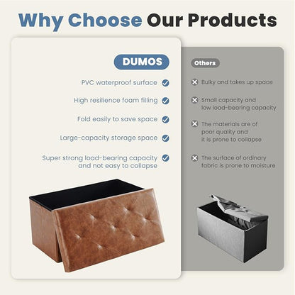 DUMOS 30 Inch Folding Storage Ottoman Bench, Large Hidden Storage Chest withThicker Foam Padded Seat, End of Bed Foot Rest Stool for Bedroom Living Room Entryway, Load 660 lbs, Brown