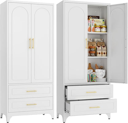 75" Kitchen Pantry Cabinet,Metal Storage Cabinets with 2 Drawers,Pantry Cabinet with Doors and Shelves,White Tall Storage Cupboard for Living Room, Dining Room Office