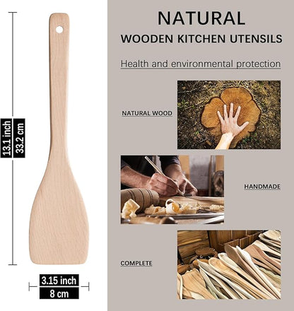 2PCS Wooden Spatulas for Cooking, 13inch Uncoated Beech Wood Turners for Frying, Non-Scratch Wood Flat Spurtle for Pan & Wok, Wooden Cooking Utensils for Non Stick Cookware, Long Handle Scraper
