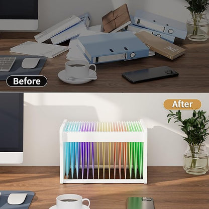 LONTAI Bamboo Hanging File Organizer, Office Desk File Organizer for Letter Size, Wood Hanging File Folders Organizer Record Holder Storage Stand Bookshelf Easy Assembly, White