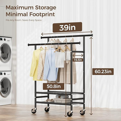 HYSEYY Rolling Clothes Racks, Double Rods Clothing Rack