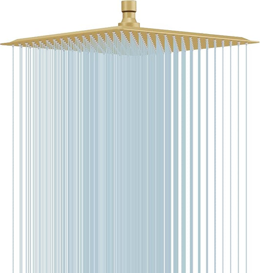 BESy 12 Inch Rain Shower Head, 12" Square Rainfall & High Pressure Stainless Steel Bath Showerhead, 1/16" Ultra Thin, Waterfall Full Body Coverage with Silicone Nozzle, Brushed Gold