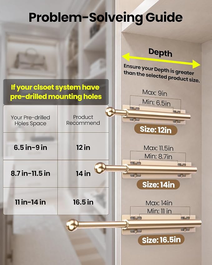 Supforce 14" Valet Rod for Closet Pull Out, Retractable Slide Out Valet Rod Closet Organization, Aluminum Valet Clothing Hanger Rods Perfect for Suits, Dresses & Freshly Pressed Clothes, Gold