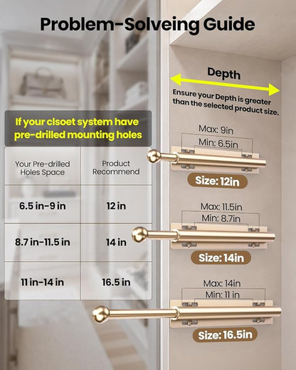 Supforce 14" Valet Rod for Closet Pull Out, Retractable Slide Out Valet Rod Closet Organization, Aluminum Valet Clothing Hanger Rods Perfect for Suits, Dresses & Freshly Pressed Clothes, Gold