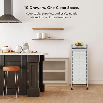 Display By Jack Rolling Storage Cart 10 Drawer Organizer with White Drawers, Slim 36" Chrome Frame, Locking Wheels, and Top Shelf for Office, Classroom, Bathroom, or Craft Storage