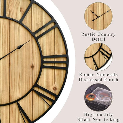 EMAX HOME Large Farmhouse Wall Clock 30 Inch Vintage Brown Wooden Wall Clock with Quiet Ticking and Minimalist Roman Numerals for Bedroom Living Room Office Kitchen Home Decor, Battery Operated