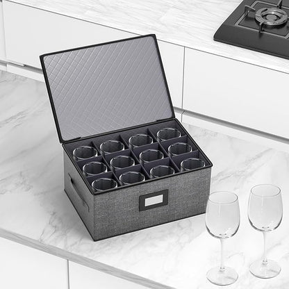 Aokeyee 2-Pack Wine Glass Storage Box with Dividers, Hard Shell Stemware Case Holds 24 Crystal Glasses & Drinkware, for Moving & Protection, Grey