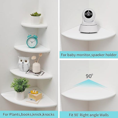 Conamily Corner Wall Shelves, White Floating Corner Shelf, Set of 2 16inch Solid Oak Wood Shelves, Round End Wall Mount Display Shelf with Wire Hole for Small Plant for Bedroom Kitchen, Living Room