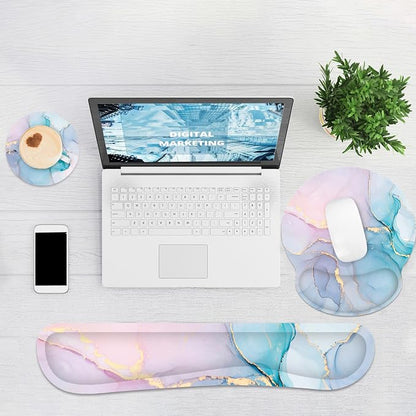 Ergonomic Mouse Pad with Wrist Rest and Keyboard Wrist Rest, Mousepad and Wrist Rest for Computer Keyboard, Non-Slip Rubber Base, Mouse Pad with Wrist Support for Gaming, Office, Pink Blue Marble