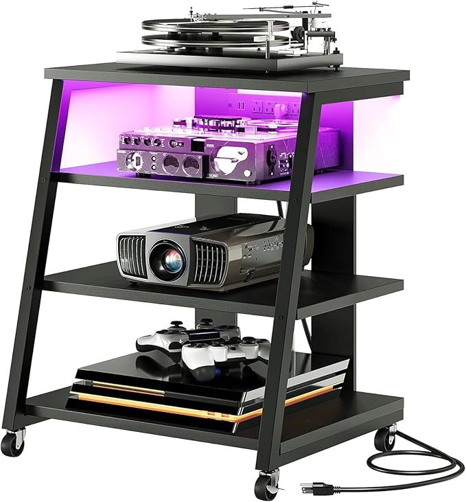 CHOEZON 4-Tier AV Media Stand with Wheels, Stereo Stands, Media Console Shelf with Power Strips, LED Lights, Wooden Audio Cabinet Rack Tower for Record Player/Apple TV/ps4, Black TCJ60UDBB