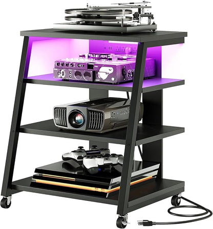 CHOEZON 4-Tier AV Media Stand with Wheels, Stereo Stands, Media Console Shelf with Power Strips, LED Lights, Wooden Audio Cabinet Rack Tower for Record Player/Apple TV/ps4, Black TCJ60UDBB
