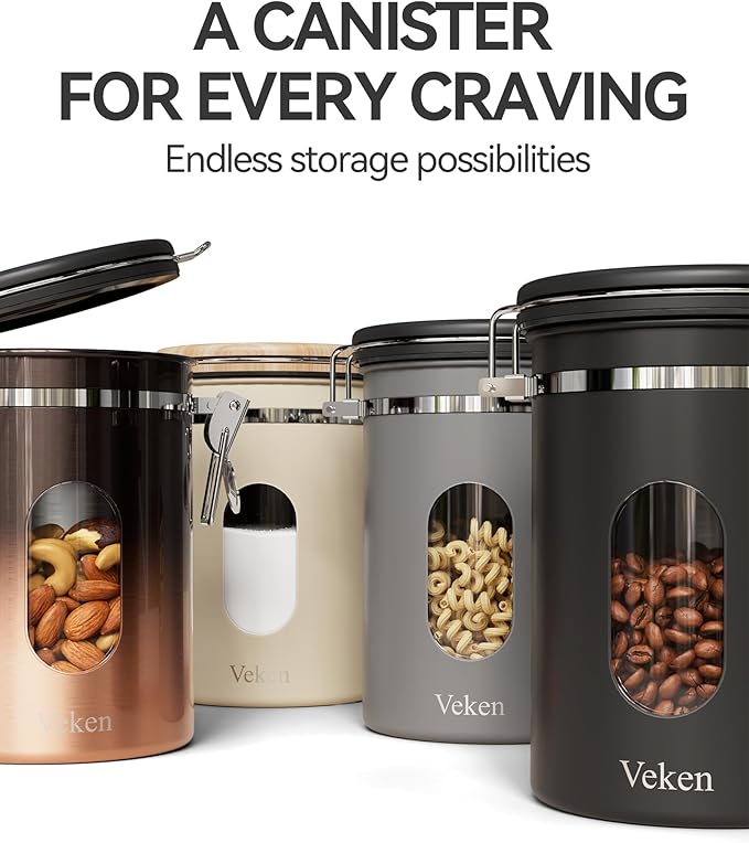 Veken Coffee Canister with Window,Airtight Stainless Steel Kitchen Food Storage Container, Date Tracker & Scoop for Grounds Coffee, Beans, Tea, Flour, Cereal,Sugar,22OZ,Grey (Pack of 2)