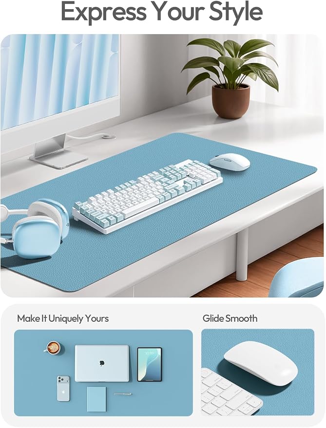 YSAGi Leather Desk Protector, Office Mat, Large Mouse Mat, Non-Slip PU Leather Blotter, Laptop Desk Mat, Waterproof Writing Pad for Office and Home(Sea Blue, 42" x 17.2")