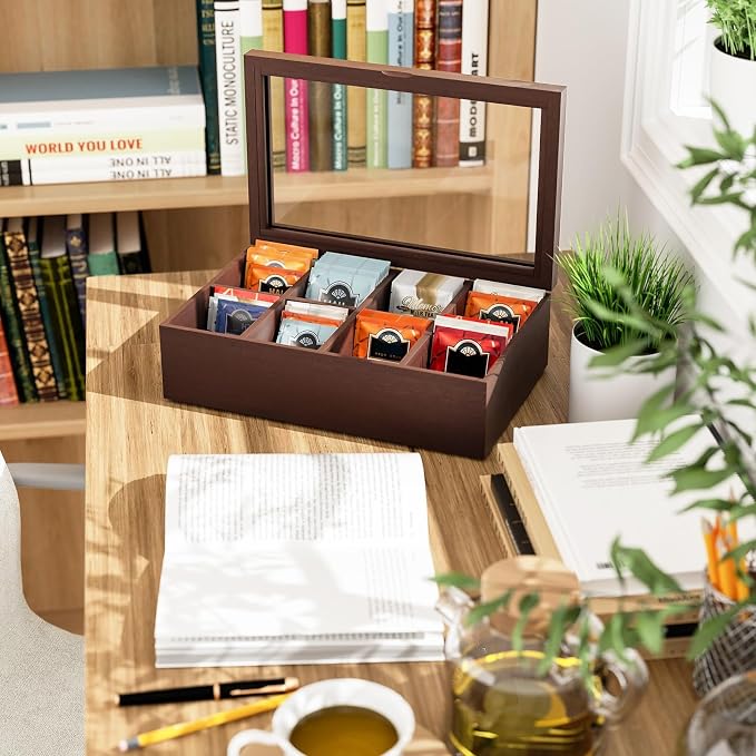 Alsonerbay Wooden Tea Box Tea Bag Holder Kitchen Storage Chest Box for Spice Pouches and Sugar Packets with 8 Compartments and Glass Window Walnut
