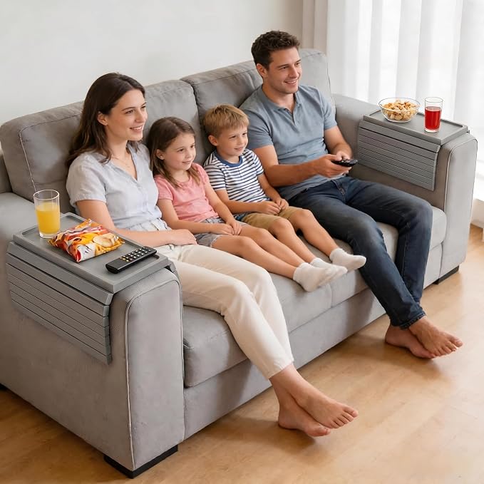 Grey Acacia Wood Couch Armrest Table, Couch Arm Tray, Foldable Anti-Slip Bamboo Couch Tray, Sofa Cup Holder for Drink Snacks Remote Control
