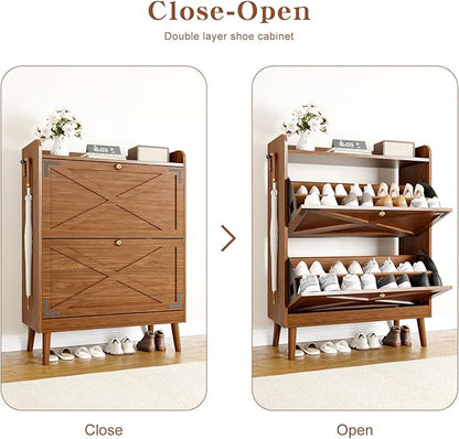 Shoe Storage Cabinet with 2 Flip Drawers & Adjustable Shelves,Narrow Shoe Cabinet Storage with Doors Side Hooks Wooden Shoe Rack Cabinet for Entryway,Hallway,Rustic Walnut