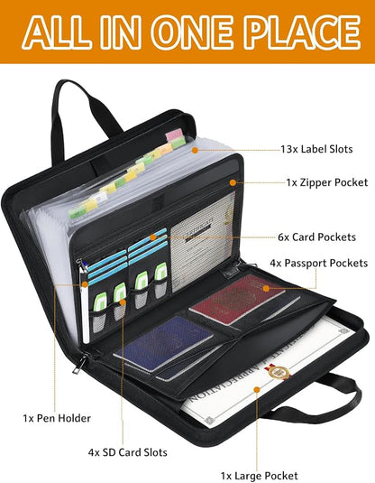 onvvippiv Important Document Organizer Folio Accordion File Organizer Fireproof Expanding File Folder Storage Box with Zipper Labels 13 Pockets for Business Office Receipt Travel