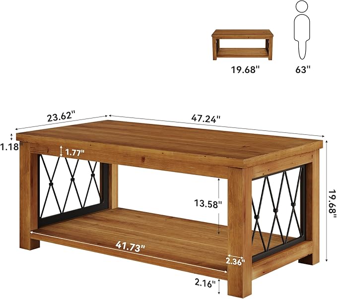 47.2" Solid Wood Coffee Table, Farmhouse Rectangular Center Table, 2-Tier Low Cocktail Tea Table, Rhomboid Metal Frame, Easy Assembly, for Living Room, Bedroom, Balcony & Office