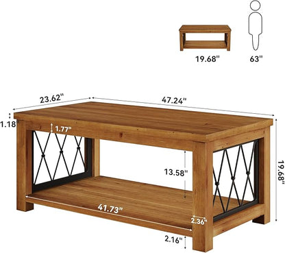 47.2" Solid Wood Coffee Table, Farmhouse Rectangular Center Table, 2-Tier Low Cocktail Tea Table, Rhomboid Metal Frame, Easy Assembly, for Living Room, Bedroom, Balcony & Office