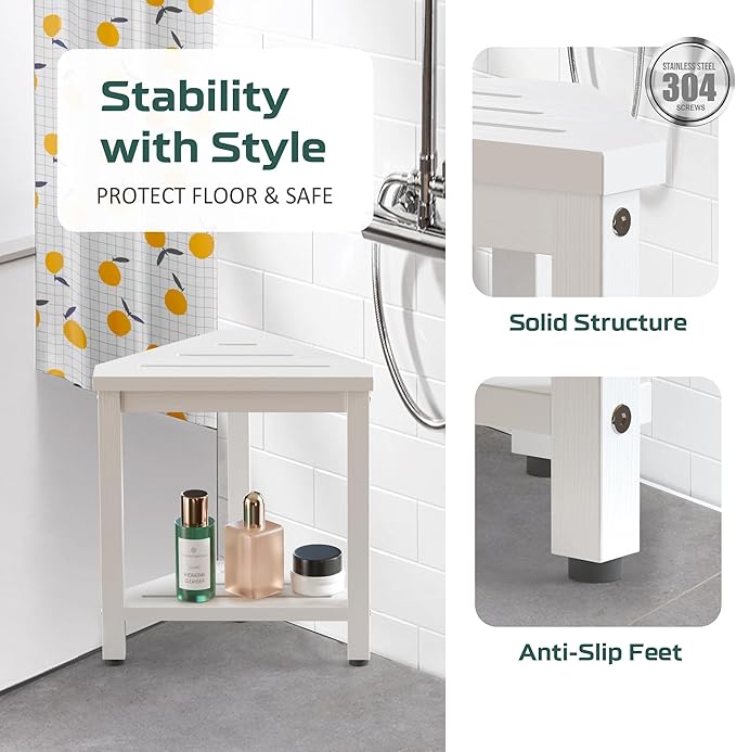 Shower Foot Rest 14in, HDPE Waterproof Shower Stool for Inside Shower, Corner Shower Stool for Shaving Legs with Storage Shelf, Shower Step Stool for Small Space, Plastic Corner Shower Bench, White