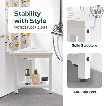 Shower Foot Rest 14in, HDPE Waterproof Shower Stool for Inside Shower, Corner Shower Stool for Shaving Legs with Storage Shelf, Shower Step Stool for Small Space, Plastic Corner Shower Bench, White