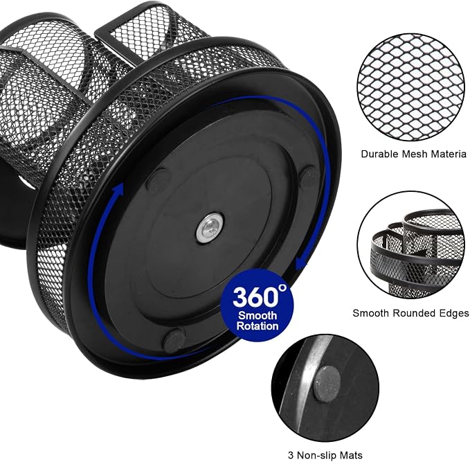 Comix 360° Rotating Pen Holder for Desk, 9 Compartments Office Desk Organizer, Black Mesh Metal Pencil Holder Cup for Office Home School