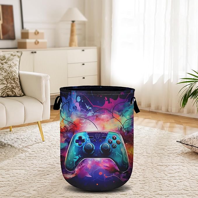 Gamepad Neon Ligh Laundry Basket, Laundry Hamper Collapsible Oxford Cloth with Handle Clothes Toy Storage Bin for Bathroom Laundry Room Bedroom 15.7 X 20 Inch