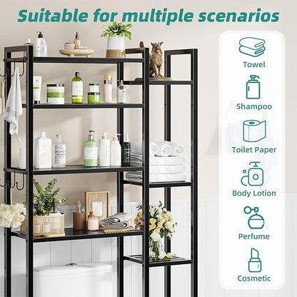 Simple Trending 8 Tier Over The Toilet Storage with Side Rack, Bathroom Organizer Metal Shelves for Towels, Black