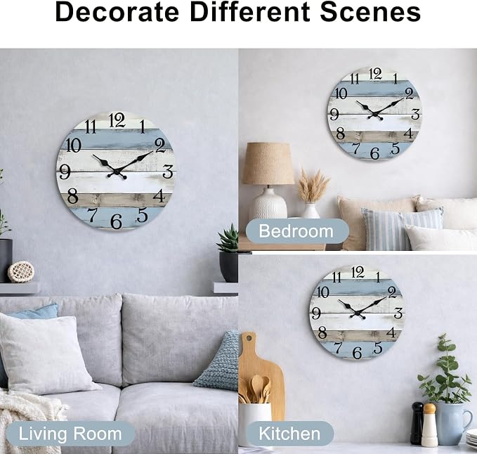 JoFomp 12 Inch Wall Clocks Battery Operated, Silent Wall Clock Non Ticking, Coastal Country Design Rustic Wall Clocks for Living Room Decor, Wooden Wall Clock for Bedroom Kitchen Bathroom