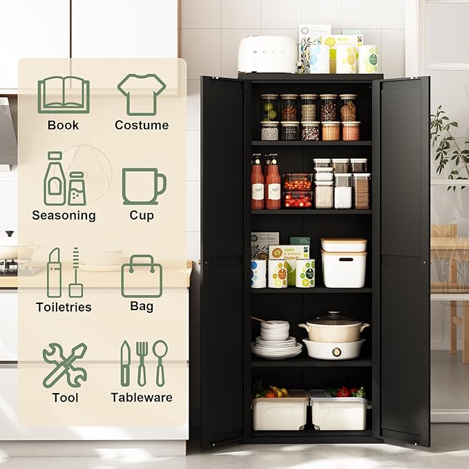 71" Tall Kitchen Pantry Storage Cabinet, Black Metal Storage Cabinets with Doors and Adjustable Shelves,5 Tier Freestanding Kitchen Cupboard for Dining Room Office Bathroom