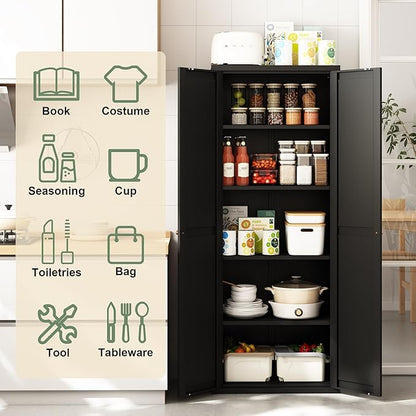 71" Tall Kitchen Pantry Storage Cabinet, Black Metal Storage Cabinets with Doors and Adjustable Shelves,5 Tier Freestanding Kitchen Cupboard for Dining Room Office Bathroom
