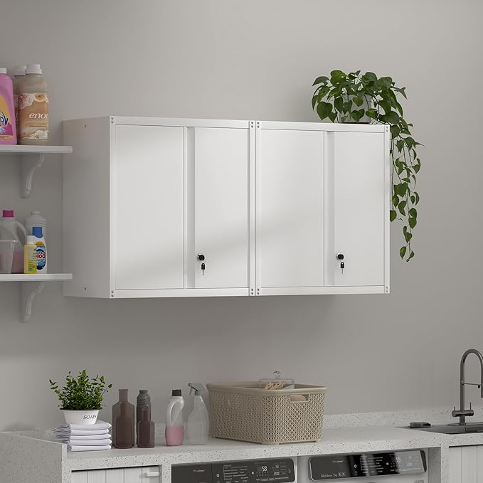 Garage Wall Cabinets,Metal Wall Cabinet for Garage with 2 Doors,Locking Wall Mount Storage Cabinet with Adjustable Shelf for Laundry,Kitchen,Basement